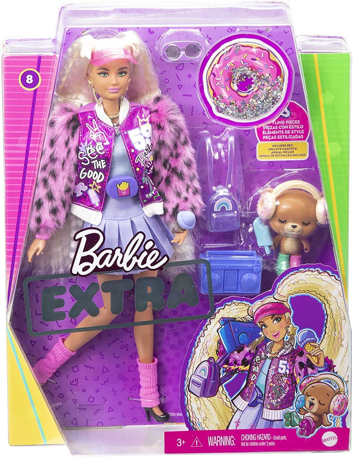 Barbie GYJ77 - Extra Puppe, mit College-Jacke mit pelzbesetzten Ärmeln und kleinem Teddybär