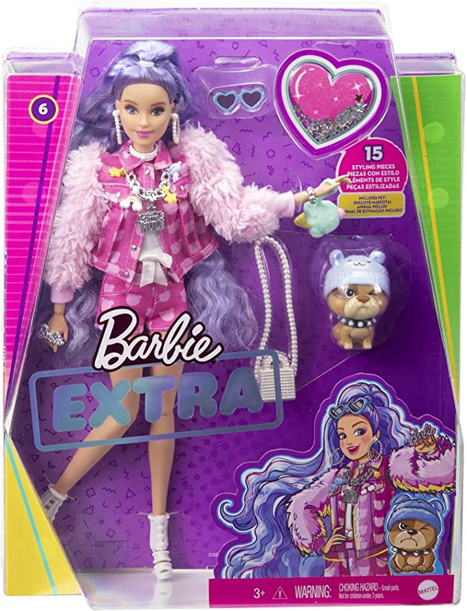 Barbie GXF08 - Extra Puppe, rosa Jeansjacke, passende Shorts, kleiner Hund, lange Haare in Blaulila, Outfit im Lagenlook