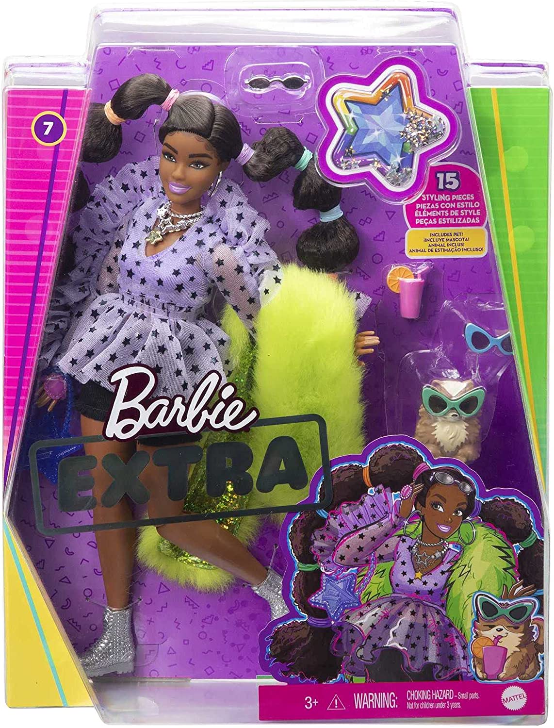Barbie GXF10 - Extra Puppe, Top, Shorts, Pelzumhang, Haustier, lange Zöpfe, Regenbogenfarben-Outfit