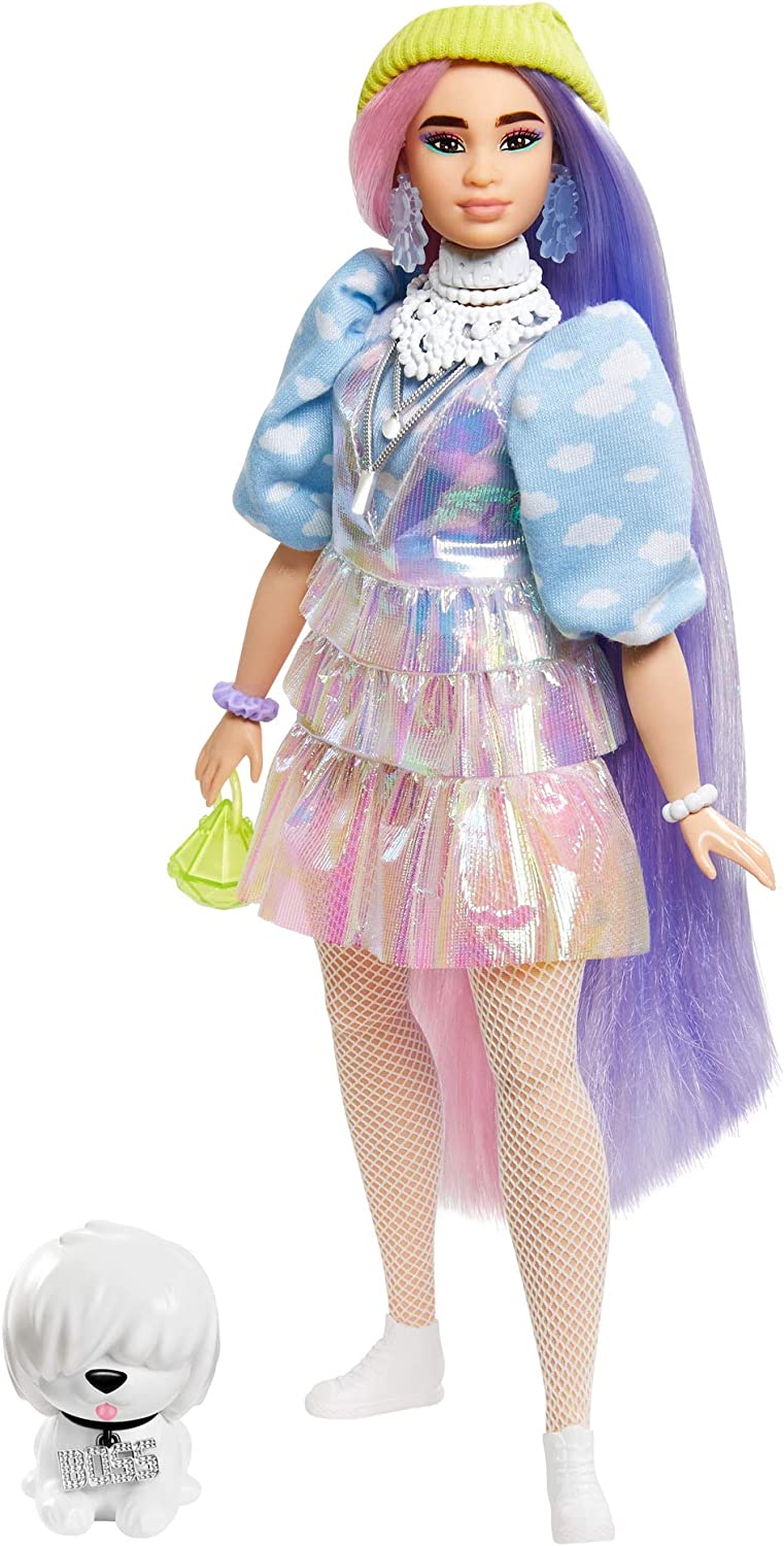 Barbie GVR05 - Extra Puppe, schimmernder Look mit Hündchen, pinken und lila Fantasiehaaren